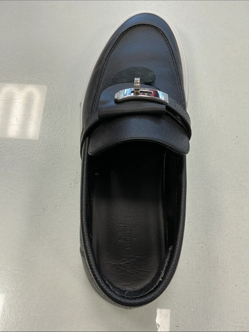 Hermes Men's Black Leather Slip-On Loafer with Silver Buckle